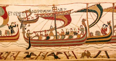 BAYEUX, FRANCE, 14 Mayıs 2024: Bayeux 'nun duvar halısı, 1066 yılındaki Hastings savaşını, İngiltere' nin Norman fethini betimliyor.