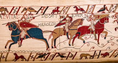 BAYEUX, FRANCE, 14 Mayıs 2024: Bayeux 'nun duvar halısı, 1066 yılındaki Hastings savaşını, İngiltere' nin Norman fethini betimliyor.