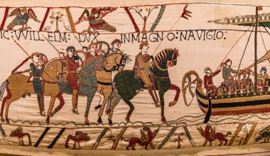 BAYEUX, FRANCE, MAY 14, 2024 : Tapestry of Bayeux, illustrate the battle of Hastings year 1066, Norman conquest of England clipart