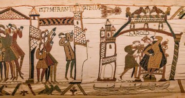 BAYEUX, FRANCE, 14 Mayıs 2024: Bayeux 'nun duvar halısı, 1066 yılındaki Hastings savaşını, İngiltere' nin Norman fethini betimliyor.