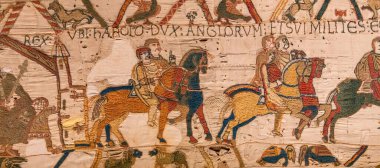 BAYEUX, FRANCE, 14 Mayıs 2024: Bayeux 'nun duvar halısı, 1066 yılındaki Hastings savaşını, İngiltere' nin Norman fethini betimliyor.