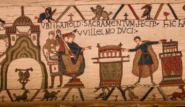 BAYEUX, FRANCE, 14 Mayıs 2024: Bayeux 'nun duvar halısı, 1066 yılındaki Hastings savaşını, İngiltere' nin Norman fethini betimliyor.