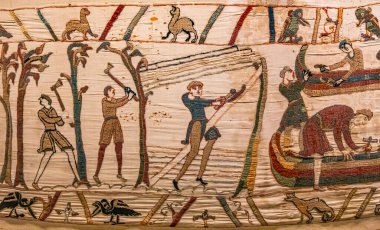 BAYEUX, FRANCE, 14 Mayıs 2024: Bayeux 'nun duvar halısı, 1066 yılındaki Hastings savaşını, İngiltere' nin Norman fethini betimliyor.