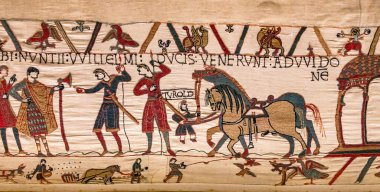BAYEUX, FRANCE, 14 Mayıs 2024: Bayeux 'nun duvar halısı, 1066 yılındaki Hastings savaşını, İngiltere' nin Norman fethini betimliyor.