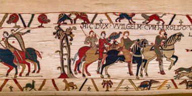 BAYEUX, FRANCE, 14 Mayıs 2024: Bayeux 'nun duvar halısı, 1066 yılındaki Hastings savaşını, İngiltere' nin Norman fethini betimliyor.