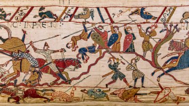 BAYEUX, FRANCE, 14 Mayıs 2024: Bayeux 'nun duvar halısı, 1066 yılındaki Hastings savaşını, İngiltere' nin Norman fethini betimliyor.