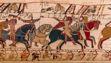BAYEUX, FRANCE, 14 Mayıs 2024: Bayeux 'nun duvar halısı, 1066 yılındaki Hastings savaşını, İngiltere' nin Norman fethini betimliyor.