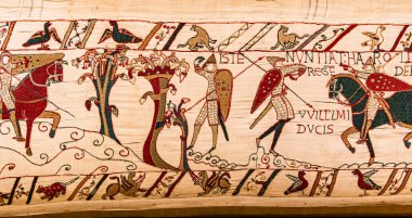 BAYEUX, FRANCE, 14 Mayıs 2024: Bayeux 'nun duvar halısı, 1066 yılındaki Hastings savaşını, İngiltere' nin Norman fethini betimliyor.