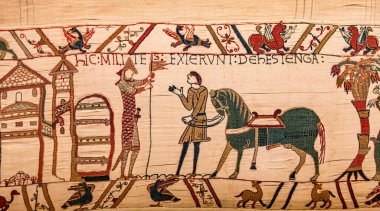 BAYEUX, FRANCE, 14 Mayıs 2024: Bayeux 'nun duvar halısı, 1066 yılındaki Hastings savaşını, İngiltere' nin Norman fethini betimliyor.