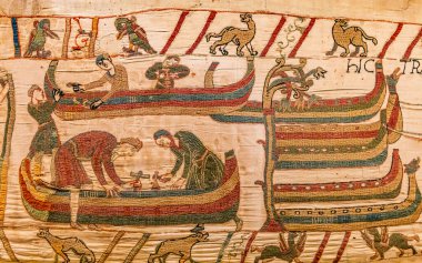 BAYEUX, FRANCE, 14 Mayıs 2024: Bayeux 'nun duvar halısı, 1066 yılındaki Hastings savaşını, İngiltere' nin Norman fethini betimliyor.