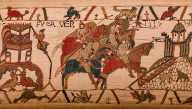 BAYEUX, FRANCE, 14 Mayıs 2024: Bayeux 'nun duvar halısı, 1066 yılındaki Hastings savaşını, İngiltere' nin Norman fethini betimliyor.