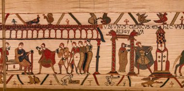 BAYEUX, FRANCE, 14 Mayıs 2024: Bayeux 'nun duvar halısı, 1066 yılındaki Hastings savaşını, İngiltere' nin Norman fethini betimliyor.