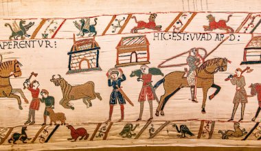 BAYEUX, FRANCE, 14 Mayıs 2024: Bayeux 'nun duvar halısı, 1066 yılındaki Hastings savaşını, İngiltere' nin Norman fethini betimliyor.