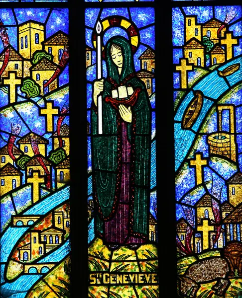 stock image BEUZEVILLE, NORMANDY, FRANCE, MAY 17, 2024 : stained glasses windows in church of Saint-Helier, made by Francois Dorchemont, year 1953