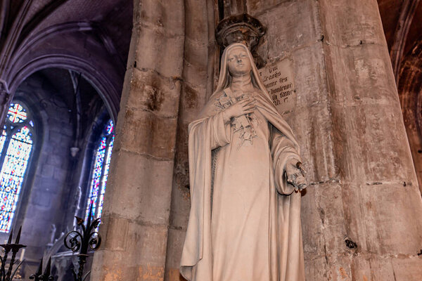 LOUVIERS, EURE, NORMANDY, FRANCE, MAY 09, 2024 : interiors and architectural details of gothic Church of Notre-Dame de Louviers