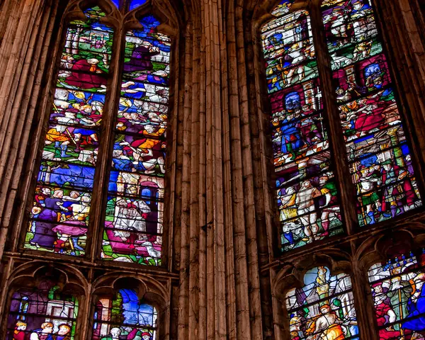 stock image CONCHES-EN-OUCHE, EURE, NORMANDY, FRANCE, MAY 11, 2024 : interiors and etails of stained glasses windows of gothic Church Saint-Foy