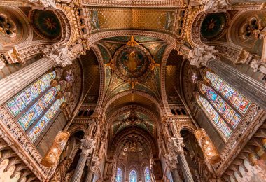 LYON, RHONE, FRANCE, OCTOBER 15, 2024 : interiors and architectural details of Basilica of Notre-Dame de Fourviere clipart