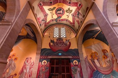 SAINT-MICHEL-DU-VAR, FRANCE, OCTOBER 20, 2024 : architectural details and frescoes by painter Vadim Garine, year 1981, in orthodox church Saint-Seraphin clipart