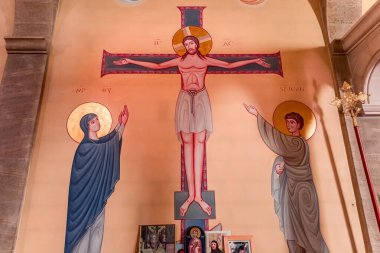 SAINT-MICHEL-DU-VAR, FRANCE, OCTOBER 20, 2024 : architectural details and frescoes by painter Vadim Garine, year 1981, in orthodox church Saint-Seraphin clipart