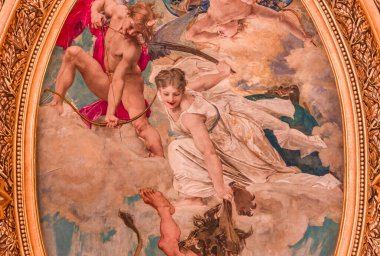 PARIS, FRANCE, 14 Mart 2017: Ressamlar Paul Baudry ve Jules-Elie Delaunay 'in çıplak figürlerinin yer aldığı freskler Palais Garnier Büyük Fuarı, Paris Operası, 19. yüzyıl