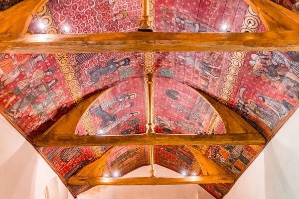 PLOUGRESCANT, COTES D'ARMOR, BRITTANY, FRANCE, MAY 21 : interiors and ceilings frescoes details of  Saint Gonery chapel , by anonymous artists, 15th century