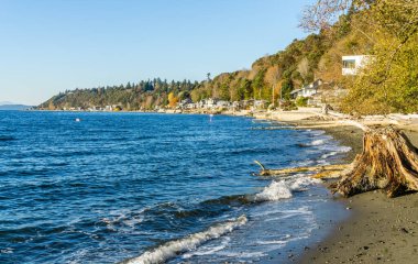 Seahurst, Washington 'daki kıyı şeridi boyunca evler. Sonbahar geldi.