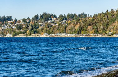 Seahurst, Washington 'daki kıyı şeridi boyunca evler. Sonbahar geldi.