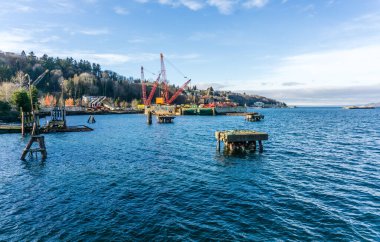 Batı Seattle, Washington 'da bir rıhtımdaki makineler. Turnalar dahil.
