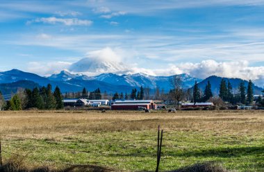 A view of the countryside and Mount Rainier in Enumclaw, Washington.