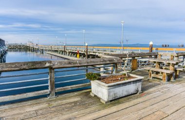 A view of the architecture of the Edmonds Pier in Edmonds, Washington.