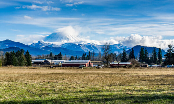 A view of the countryside and Mount Rainier in Enumclaw, Washington.