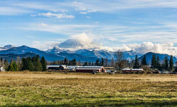 A view of the countryside and Mount Rainier in Enumclaw, Washington.