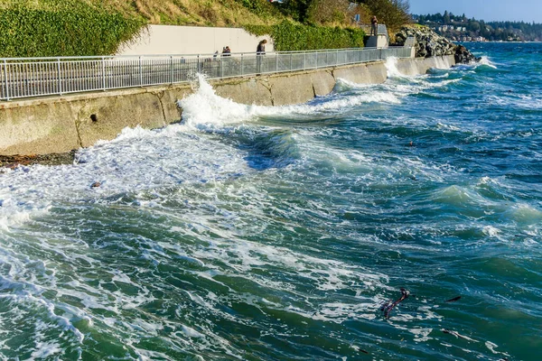 位于华盛顿州西西雅图市的海堤上刮起了海浪 — 图库照片