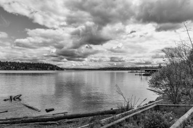 Bulutlar Washington Gölü 'nün üzerinde Seattle' daki Seward Park yakınlarında asılı..