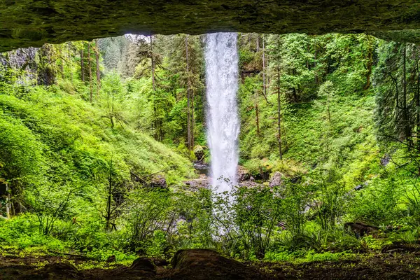 stock image A view from beneath Lower Notth Falls at Silver Falls State Park in Oregon State.