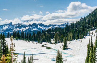Washington 'da bulutlar Rainier Dağı' nı kısmen kaplıyor.
