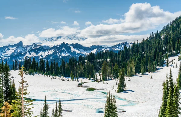 Mraky Částečně Pokrývají Mount Rainier Státě Washington — Stock fotografie