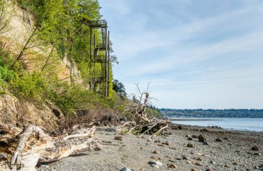 Washington, Des Moines 'deki Saltwater State Park' taki bir uçurumun kenarındaki ahşap merdiven manzarası..