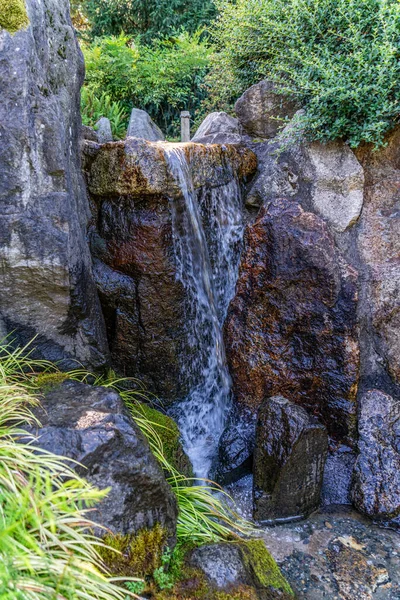 Ein Kleiner Gartenwasserfall Seatac Washington Detailaufnahme — Stockfoto