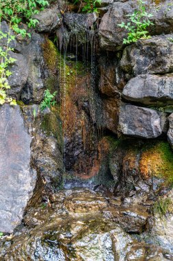 Washington 'daki Tumwater Şelalesi' nde kara kayalıklı sisli bir şelale manzarası.
