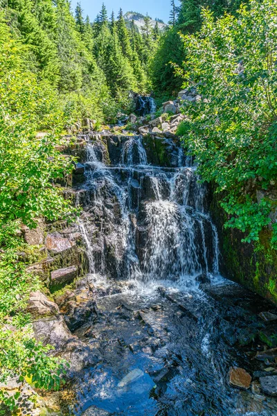 View Small Waterfall Mount Rainier Summertime Located Washington State — Stock Photo, Image
