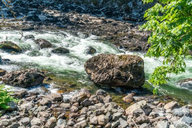 Washington 'daki Snoqualmie Nehri' ndeki beyaz su akıntılarının manzarası.