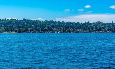 Washington, Renton 'daki Washington Gölü kıyısındaki deniz manzaralı evler..
