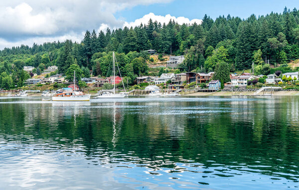 A view of waterfront homes in Gig Harbor, Washington.