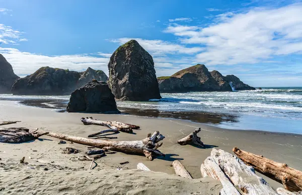 Oregon eyaletinde dalgalar ve kaya oluşumlarıyla Meyers Creek Sahili manzarası.