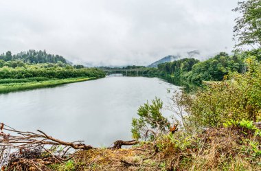 Oregon Eyaleti 'nde bir nehir boyunca uzanan bir karayolu Brdige..