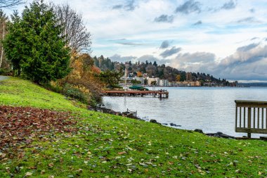 Seattle 'daki Washington Gölü' nün kıyı şeridi manzarası. Kış geldi..