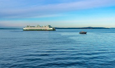 Edmonds, Washington 'daki rıhtıma doğru bir feribot hareket ediyor..