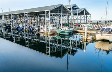 Edmonds, Washington 'daki yat limanının manzarası..