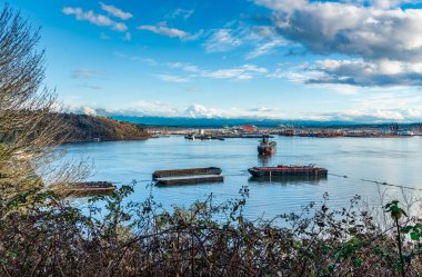 Washington 'daki Tacoma Limanı üzerinde Rainier Dağı kuleleri.